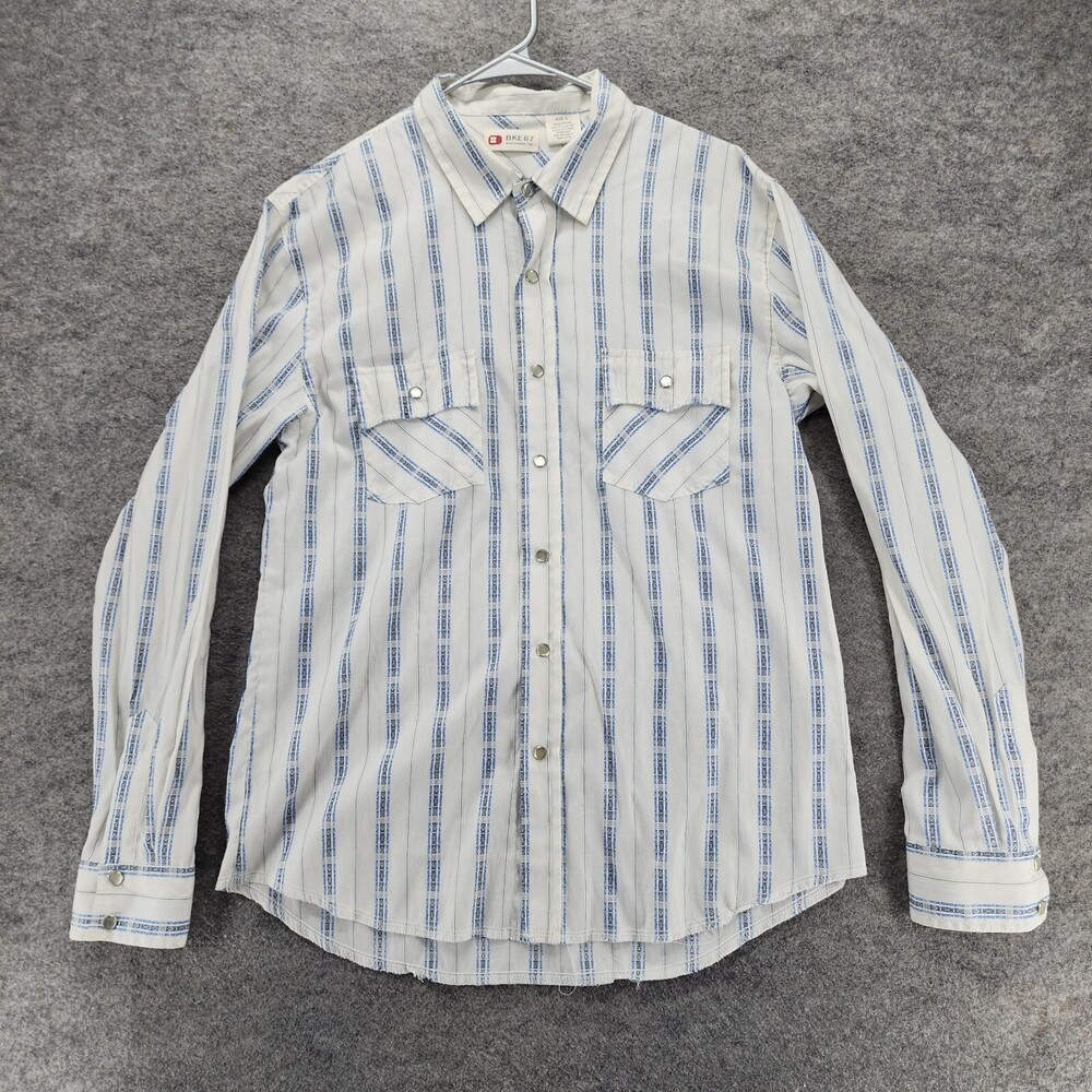 Buckle BKE 67 Shirt Mens Large Pearl Snap Long Sleeve Blue White Striped